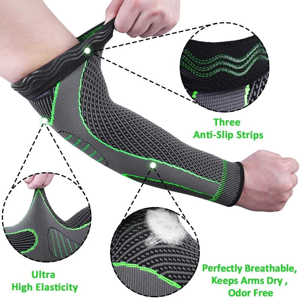 Mangas de compresión deportivas antideslizantes para el codo. Ideales para pádel, baloncesto, fútbol, voleibol, tenis y golf.